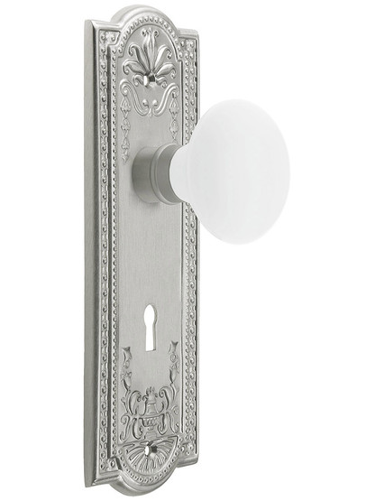 Meadows Style Mortise Lock Set in Satin Nickel with White Porcelain Door Knobs.